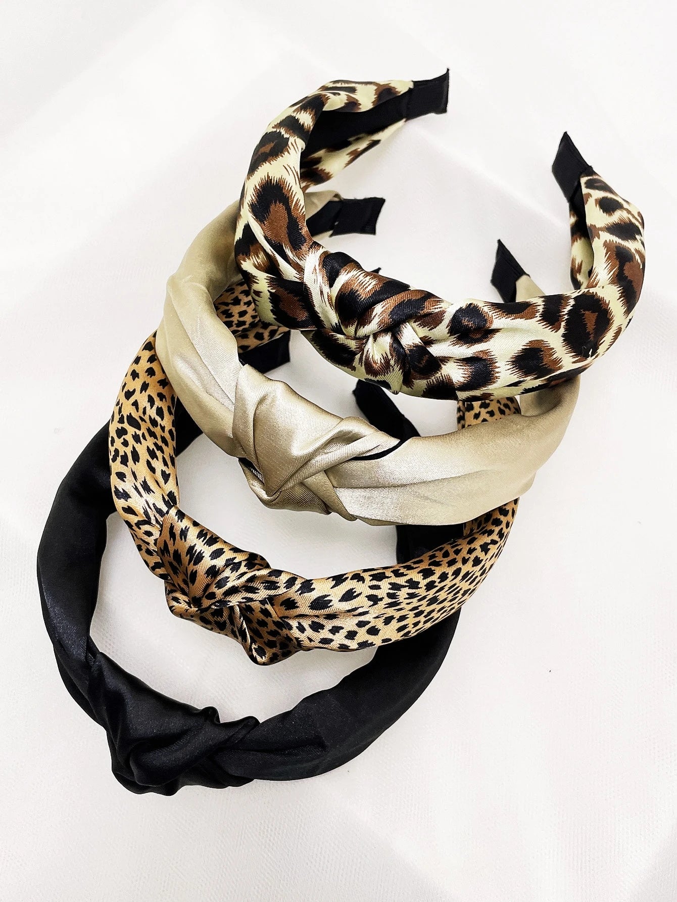 4Pcs Leopard Print Solid Wide Knotted Headband Set