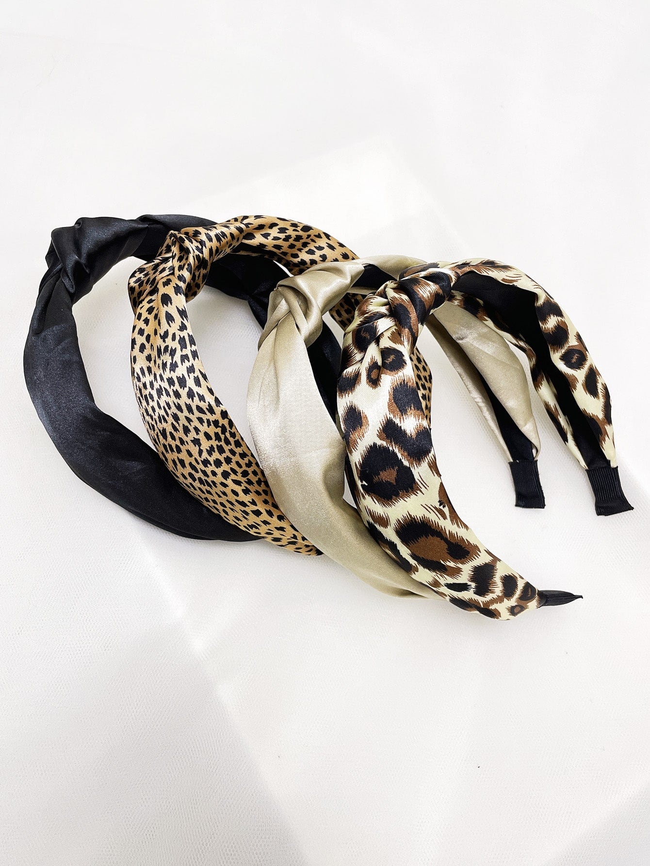4Pcs Leopard Print Solid Wide Knotted Headband Set