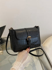 Crocodile Embossed Buckle Decor Flap Square Bag - Black