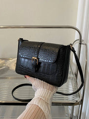 Crocodile Embossed Buckle Decor Flap Square Bag - Black