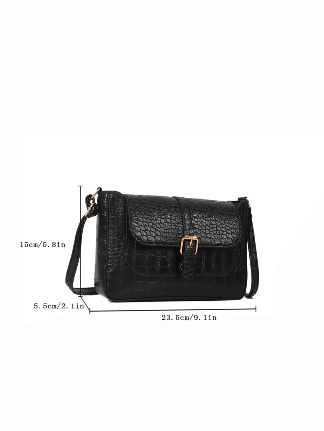 Crocodile Embossed Buckle Decor Flap Square Bag - Black