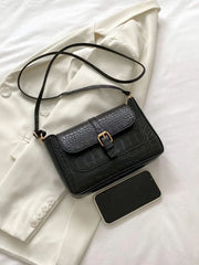 Crocodile Embossed Buckle Decor Flap Square Bag - Black