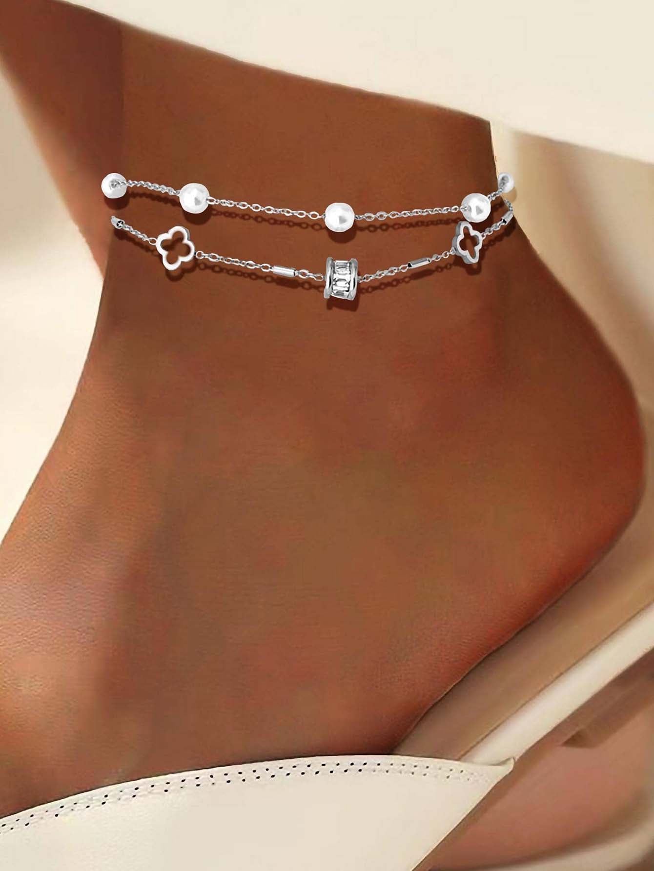 1pc Faux Pearl Decor Anklet - Silver