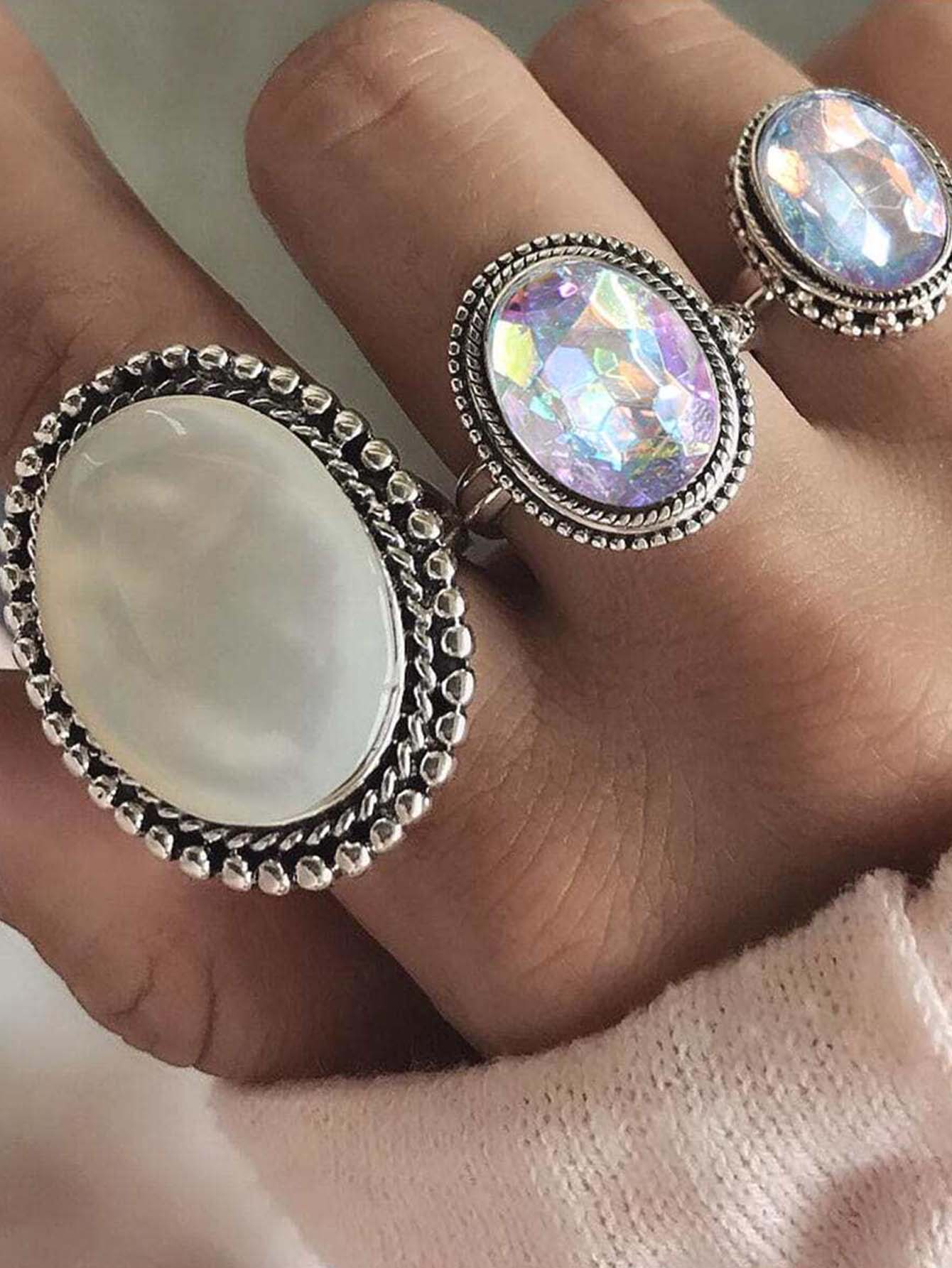 3pcs Big Gemstone Rings - Silver