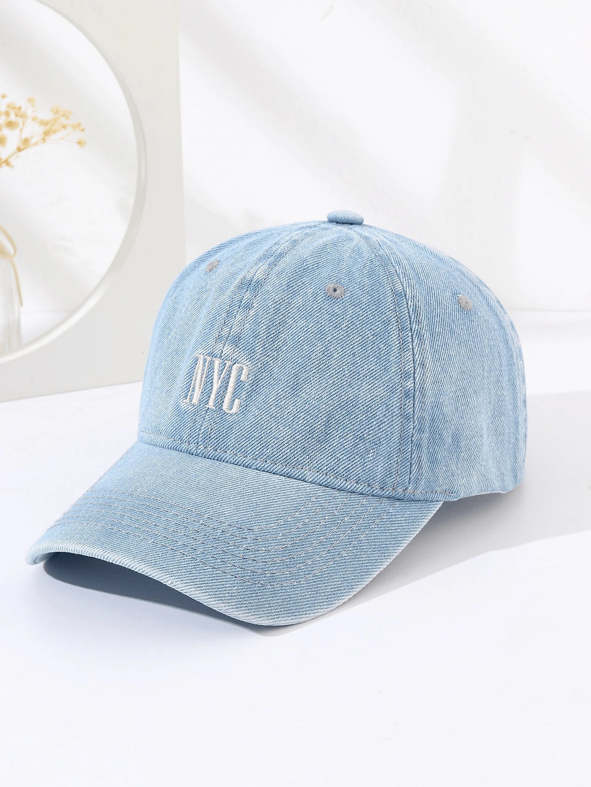 Embroidered Washed Denim Baseball Cap - Baby Blue