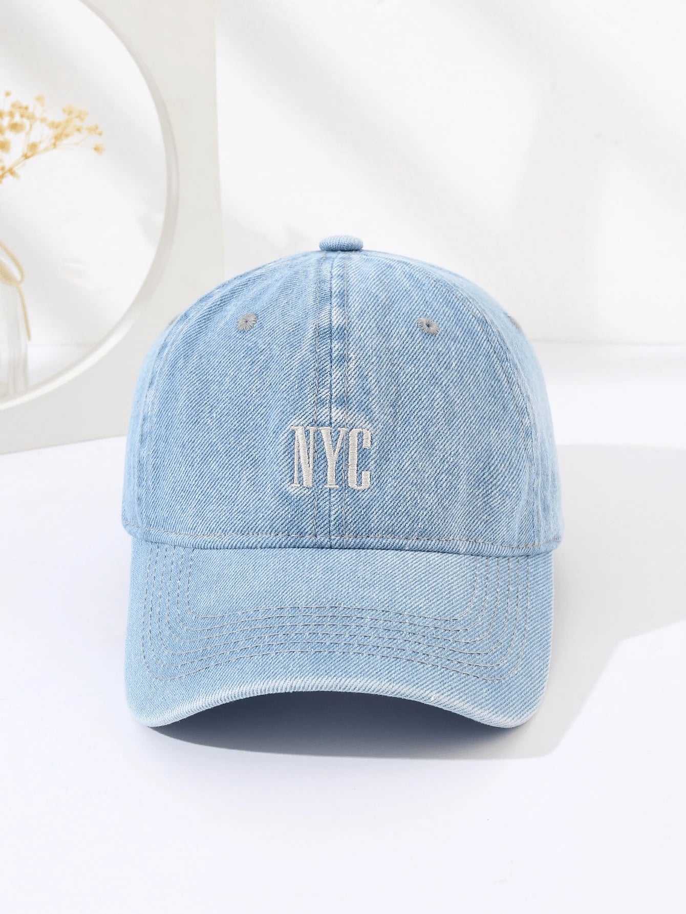 Embroidered Washed Denim Baseball Cap - Baby Blue