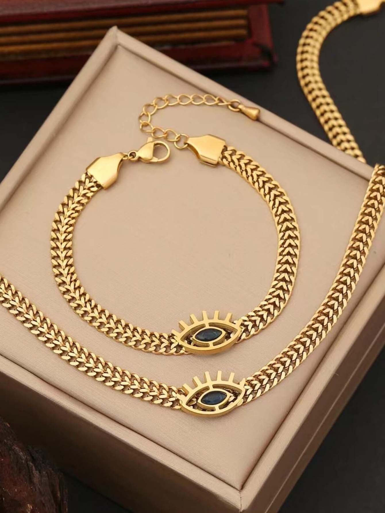 1set Eye-shaped Chain Necklace And Bracelet Jewelry Set -  Gold