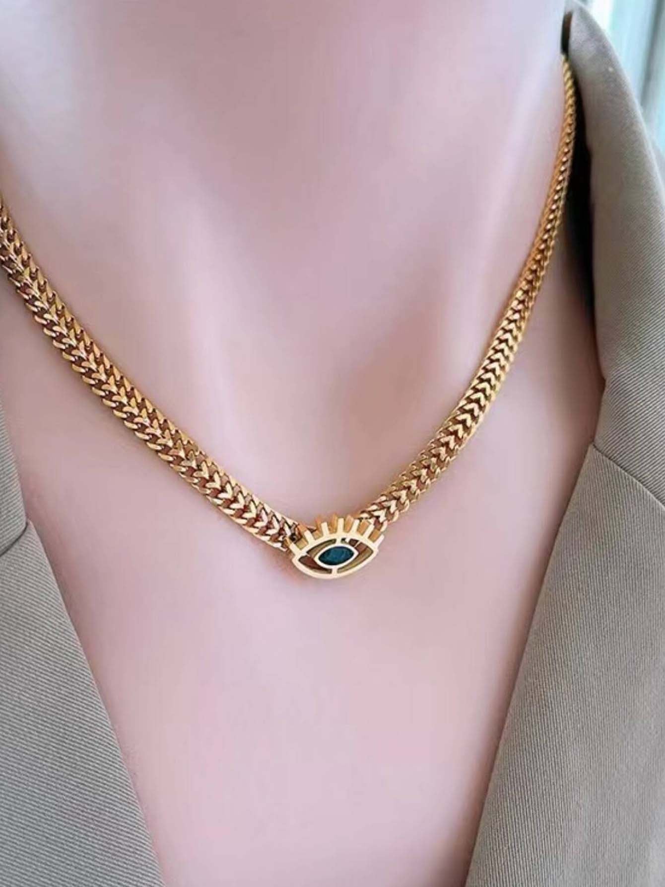 1set Eye-shaped Chain Necklace And Bracelet Jewelry Set -  Gold