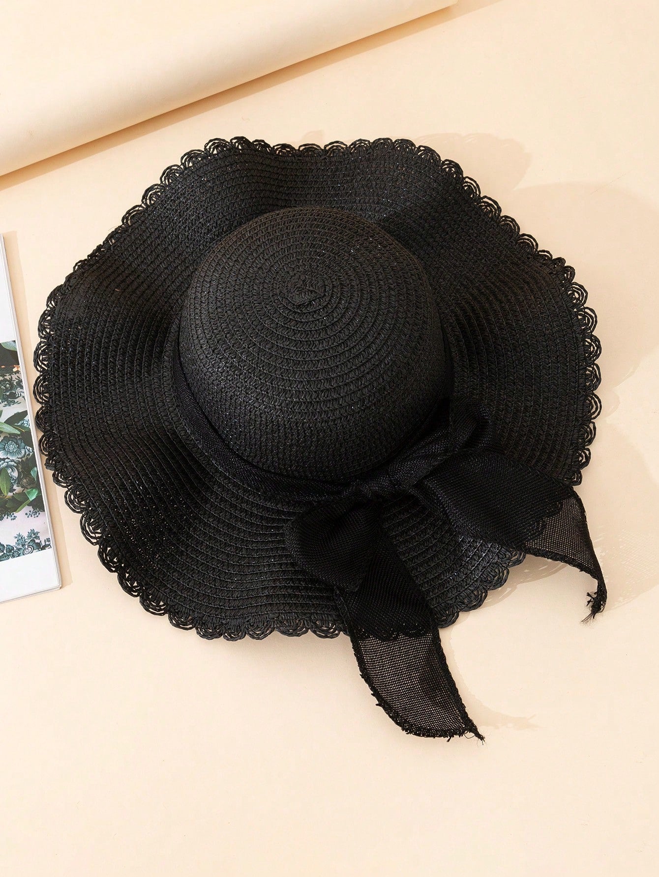1pc Black Wavy Beach Sun Hat