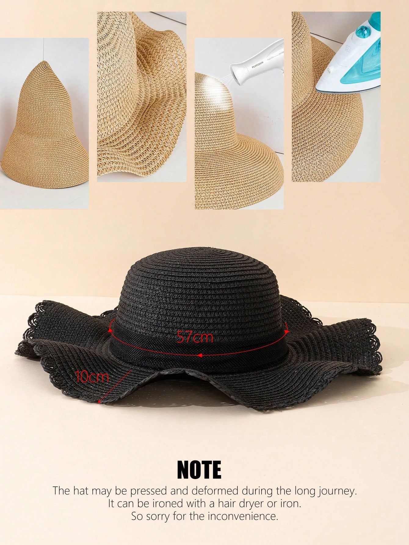 1pc Black Wavy Beach Sun Hat