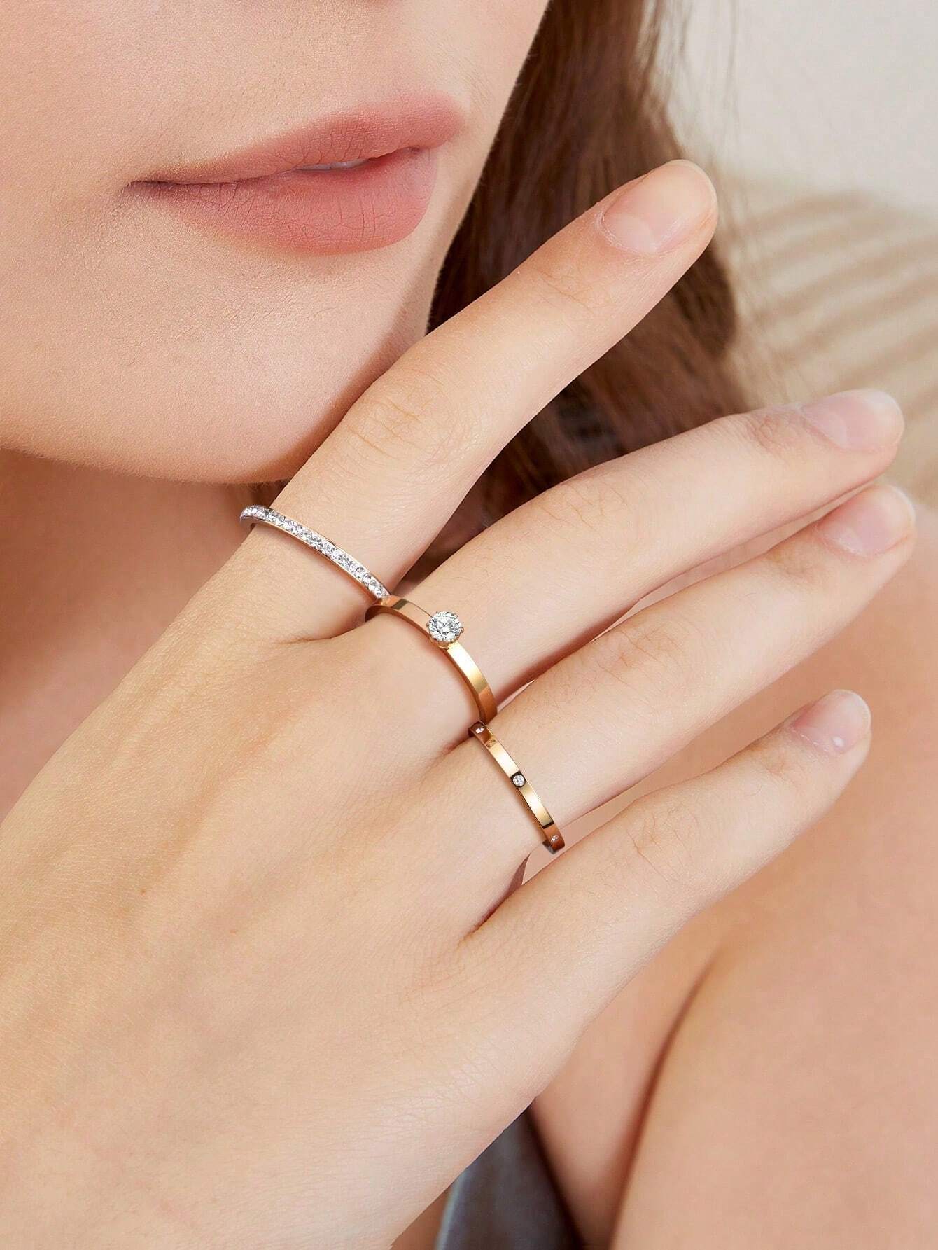 3pcs Cubic Zirconia Stone Insertion Ring - Yellow Gold