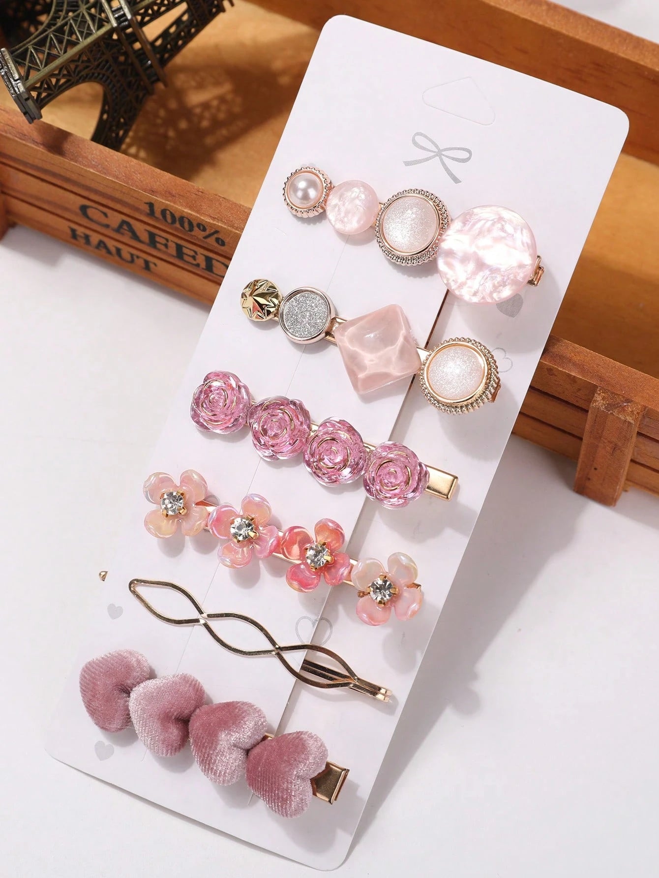 6pcs Faux Pearl Heart Shaped & Rhinestone Decor Hair Clip
