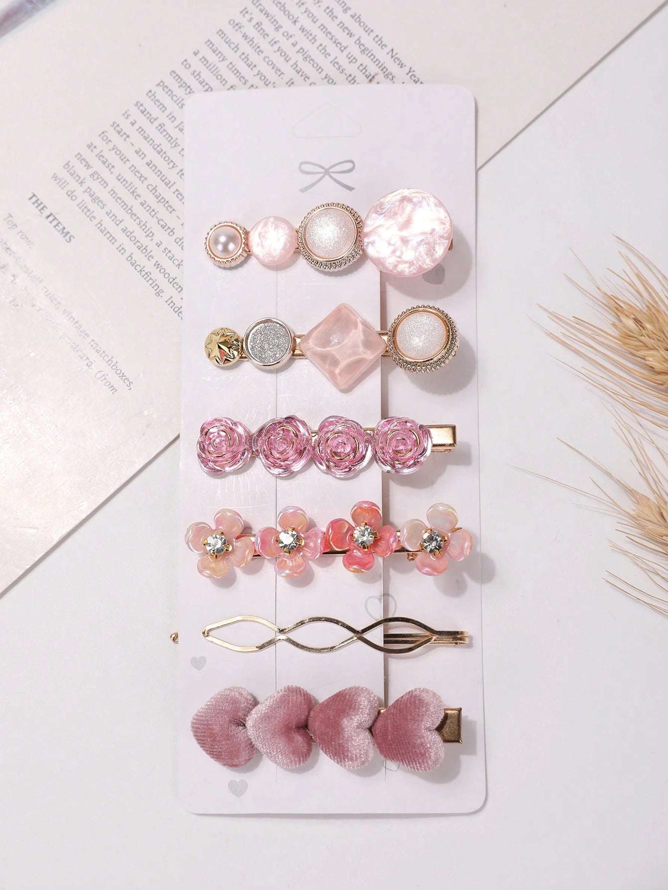 6pcs Faux Pearl Heart Shaped & Rhinestone Decor Hair Clip