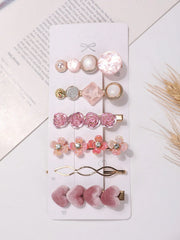 6pcs Faux Pearl Heart Shaped & Rhinestone Decor Hair Clip