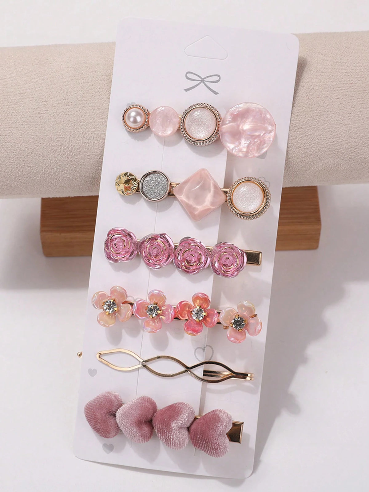 6pcs Faux Pearl Heart Shaped & Rhinestone Decor Hair Clip