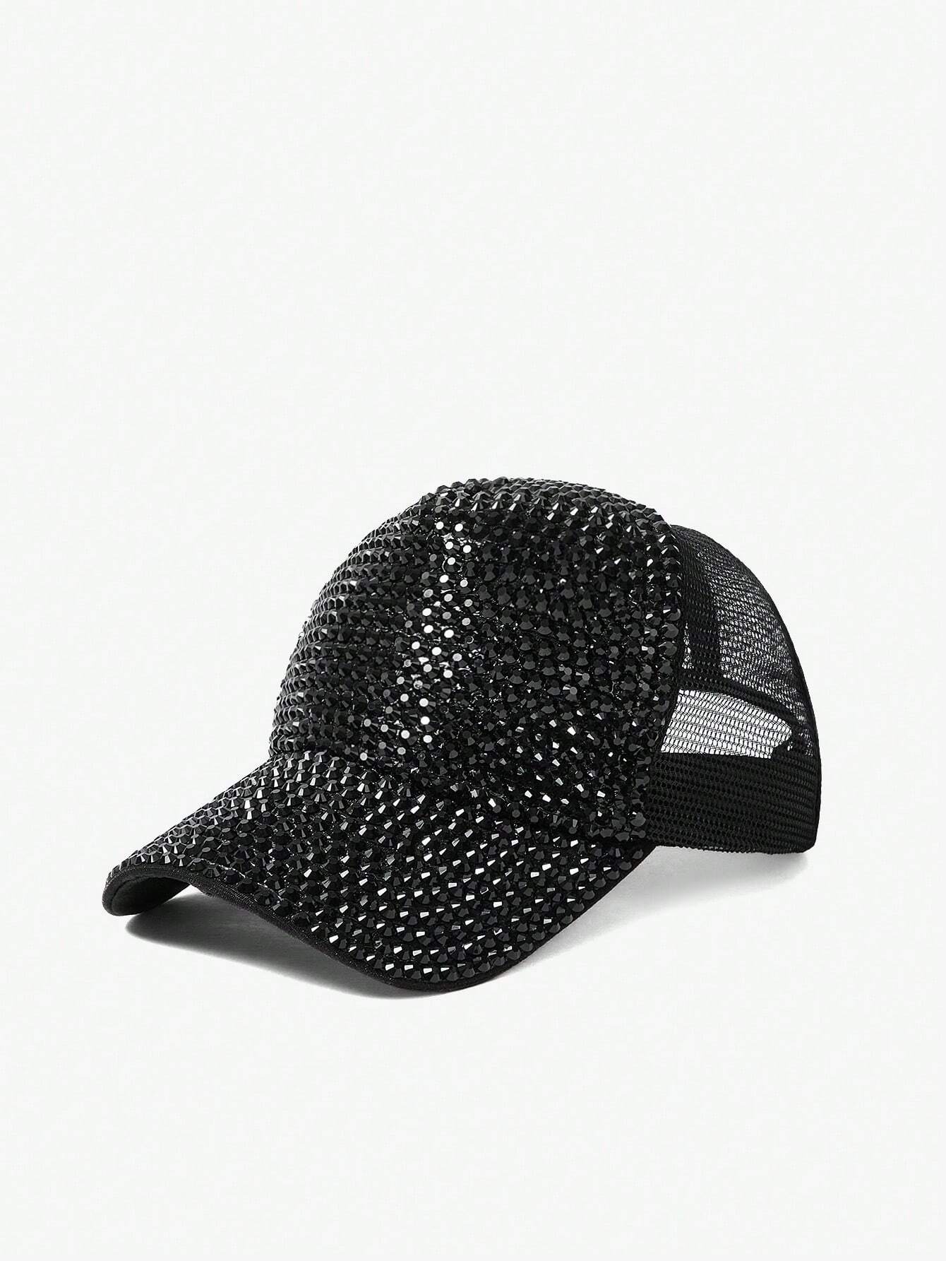 Rhinestone Black Baseball Cap - Black