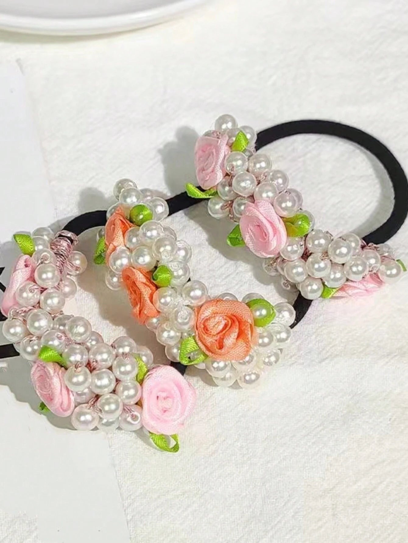 3pcs Rose & Faux Pearl Hair Ties - www.thetreasurebox.me