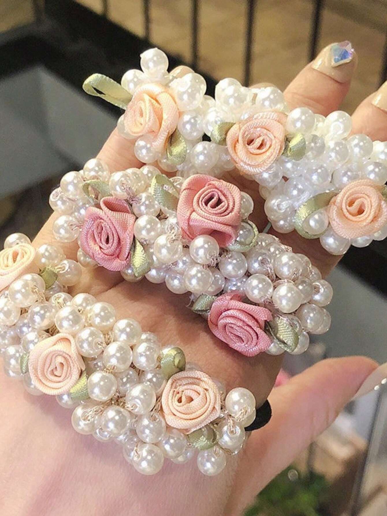 3pcs Rose & Faux Pearl Hair Ties - www.thetreasurebox.me