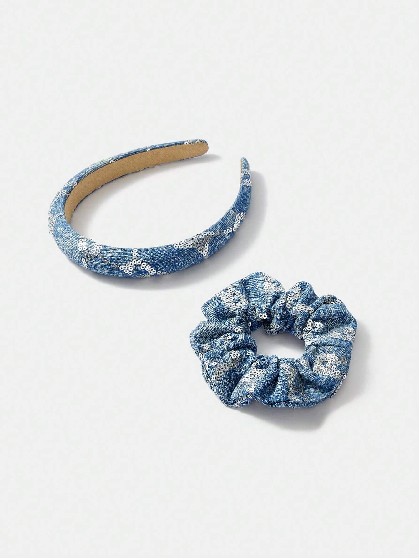 2pcs Denim Glitter Hairband Scrunchie Combo