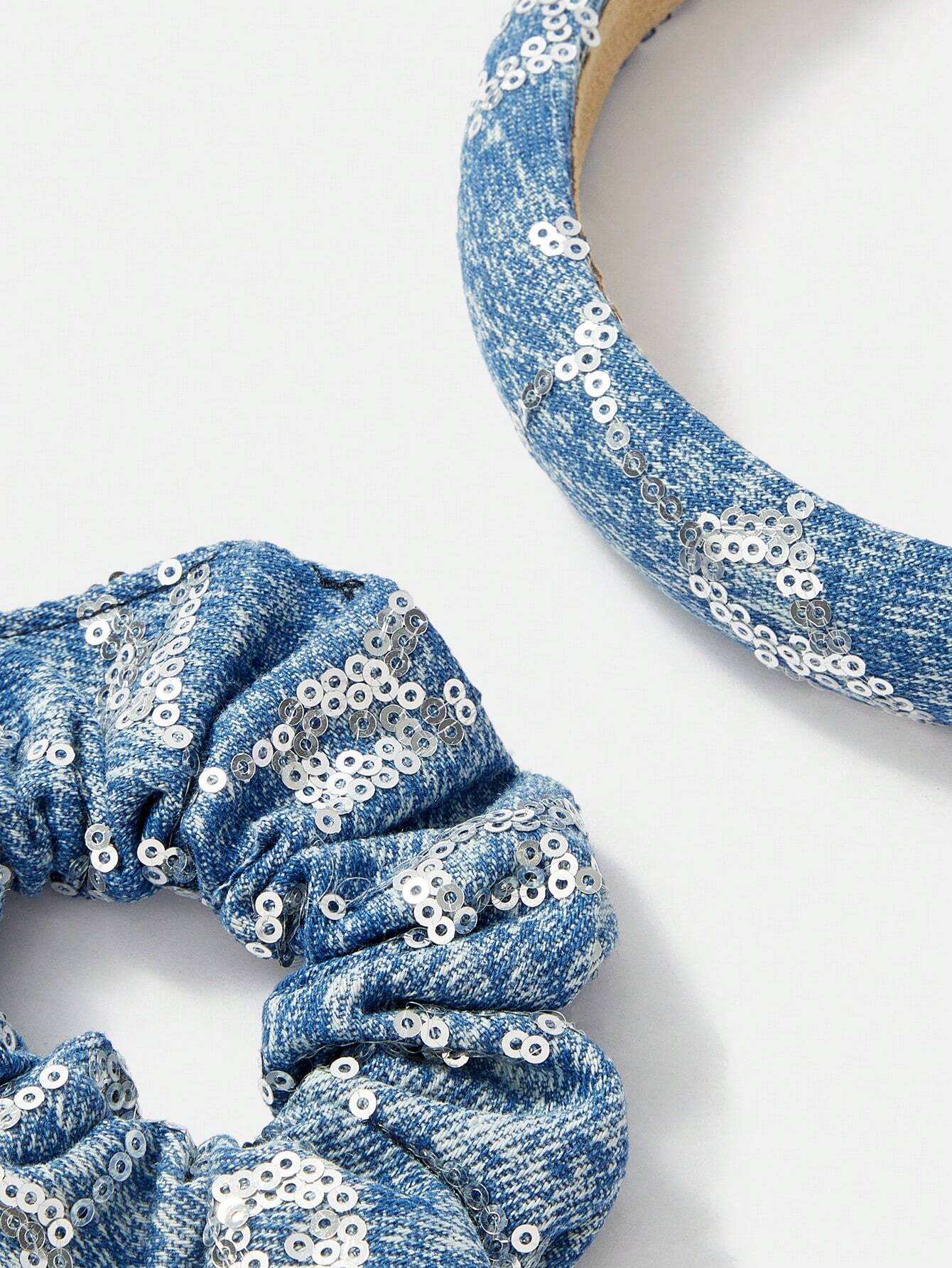 2pcs Denim Glitter Hairband Scrunchie Combo