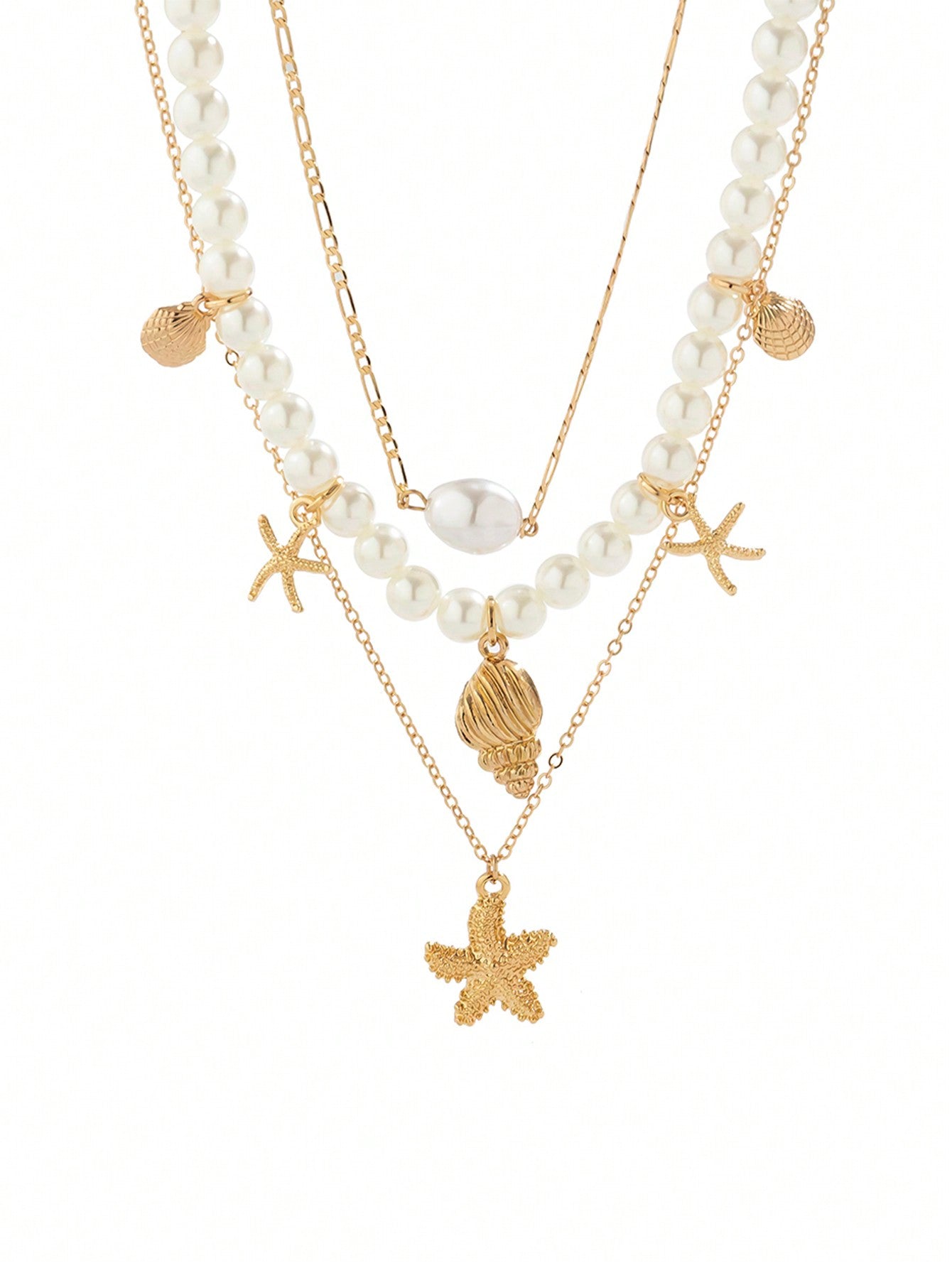 3pcs Minimalist Beachy Shell, Starfish & Pearl Pendant Necklace Set