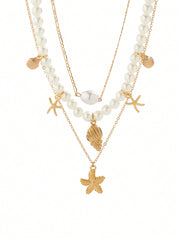 3pcs Minimalist Beachy Shell, Starfish & Pearl Pendant Necklace Set