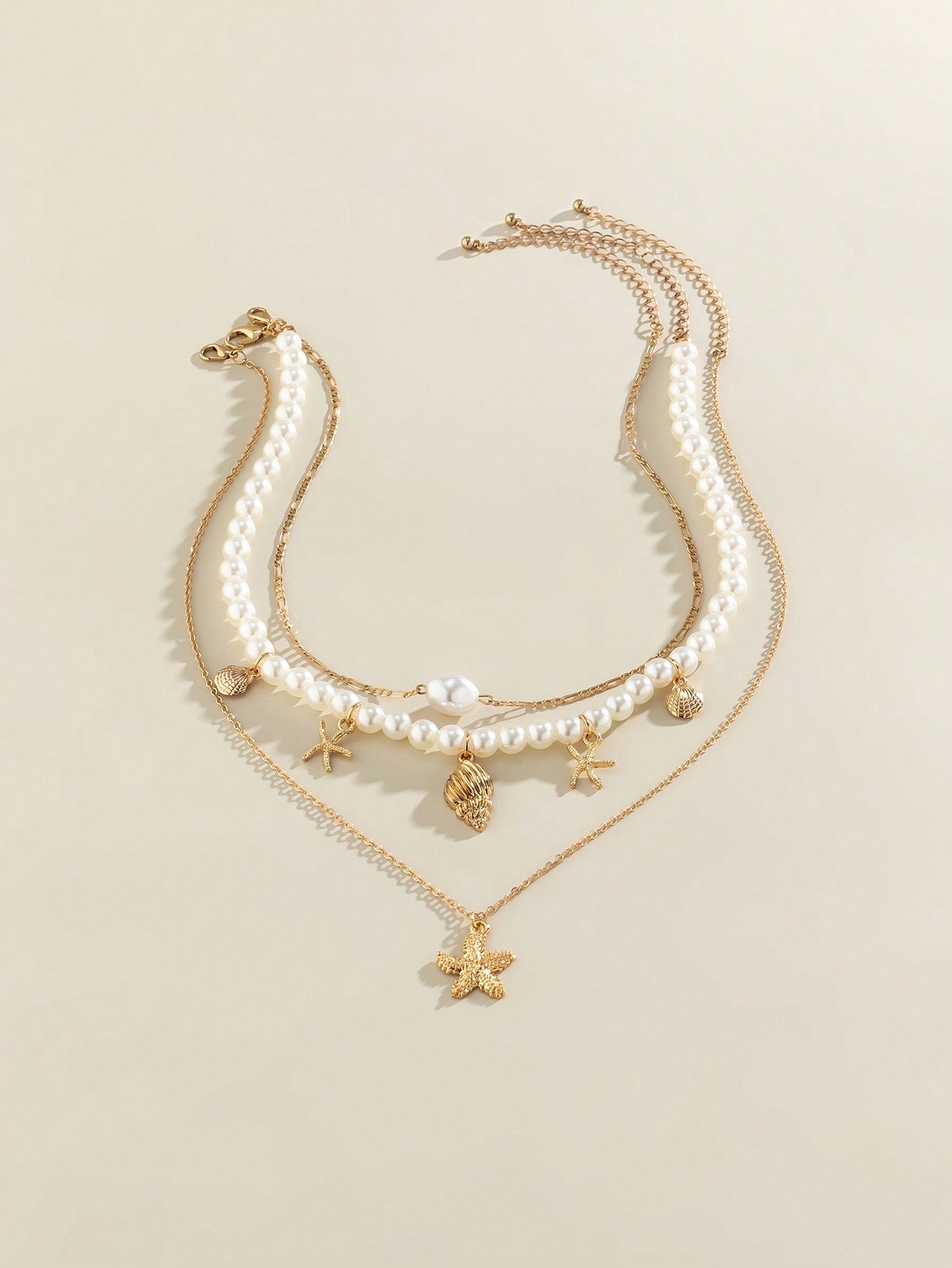 3pcs Minimalist Beachy Shell, Starfish & Pearl Pendant Necklace Set