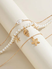 3pcs Minimalist Beachy Shell, Starfish & Pearl Pendant Necklace Set