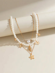 3pcs Minimalist Beachy Shell, Starfish & Pearl Pendant Necklace Set