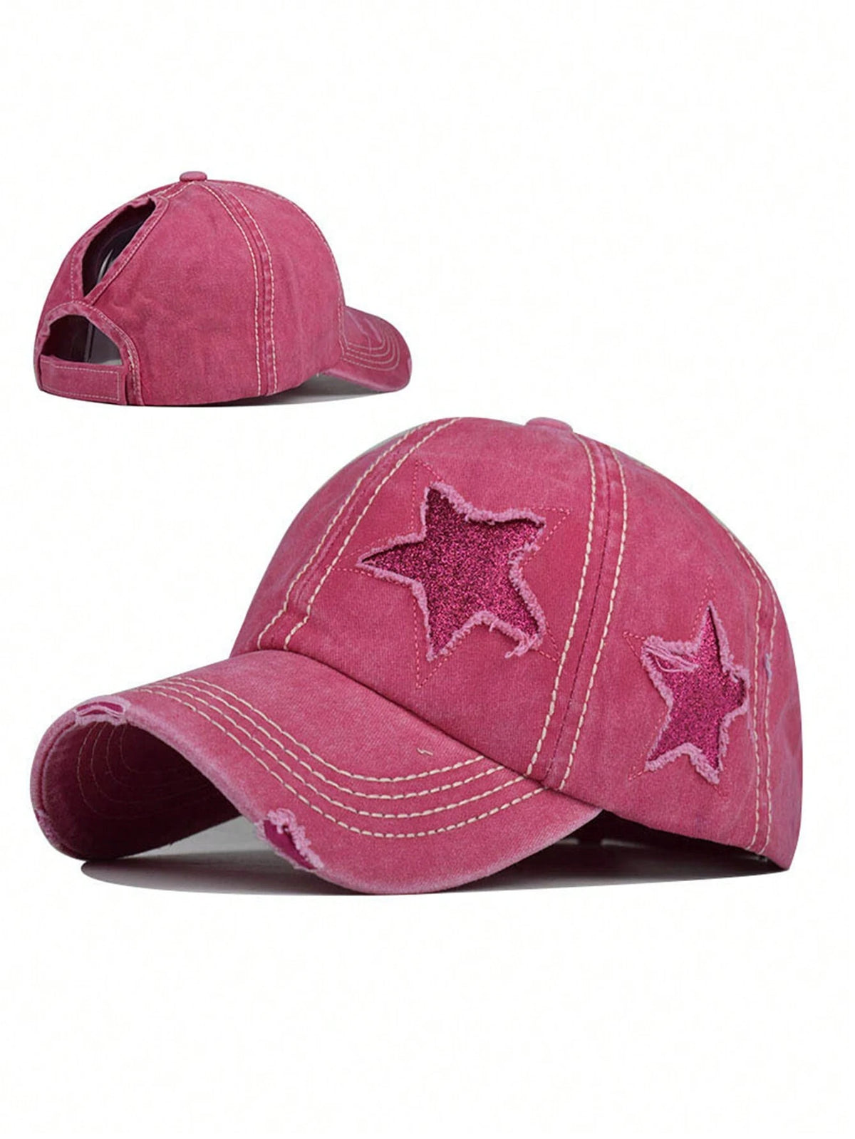 Sequin Star Distressed Baseball Cap - Burgundy