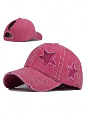Sequin Star Distressed Baseball Cap - Burgundy