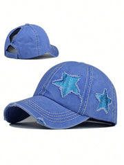 Sequin Star Distressed Baseball Cap - Blue