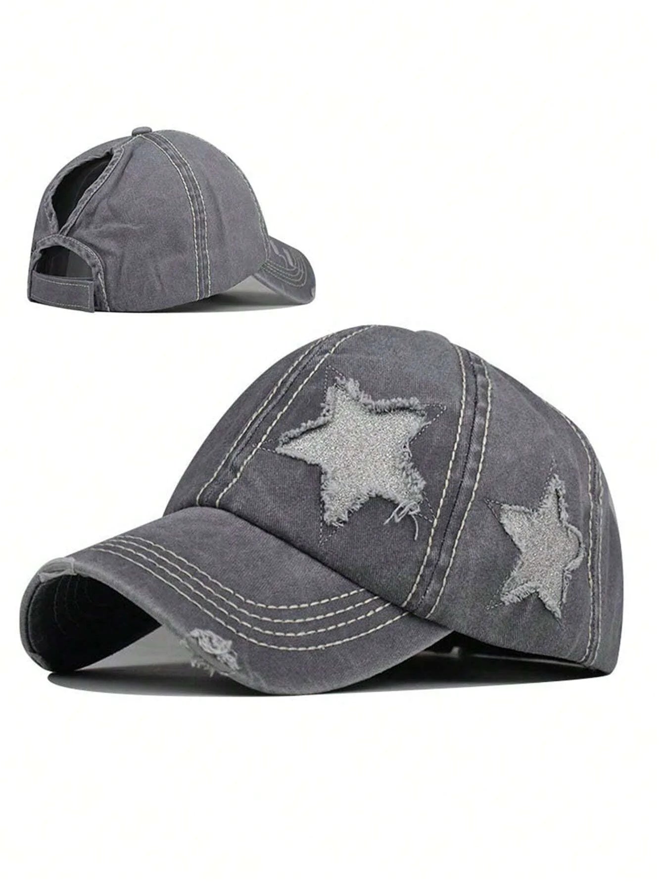 Sequin Star Distressed Baseball Cap - Grey