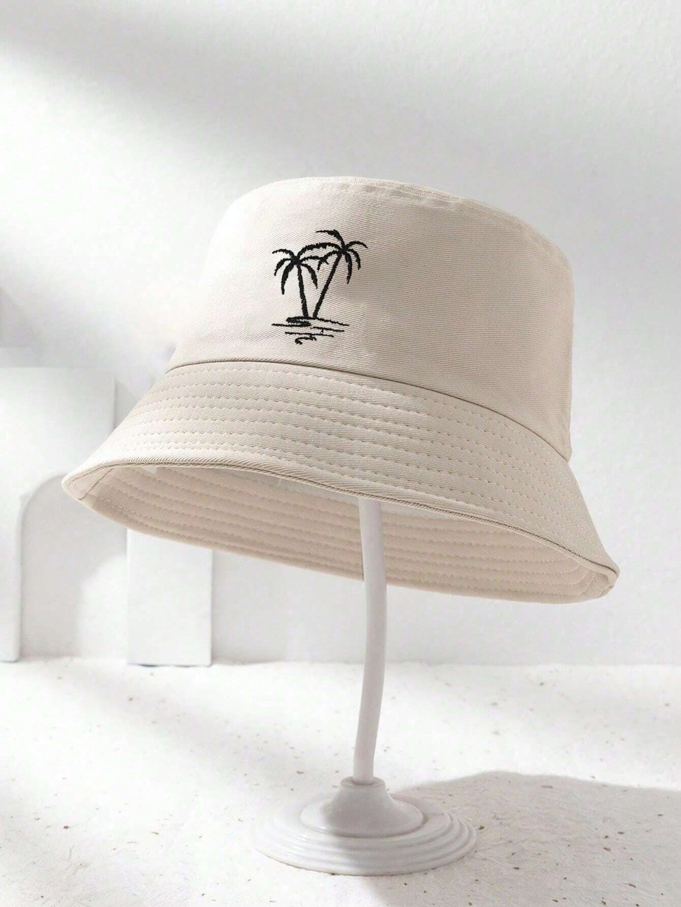 1pc Unisex Y2K Embroidered Palm Tree Bucket Hat - Beige