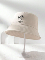 1pc Unisex Y2K Embroidered Palm Tree Bucket Hat - Beige