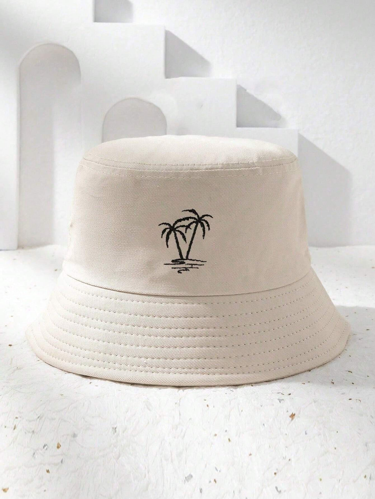 1pc Unisex Y2K Embroidered Palm Tree Bucket Hat - Beige
