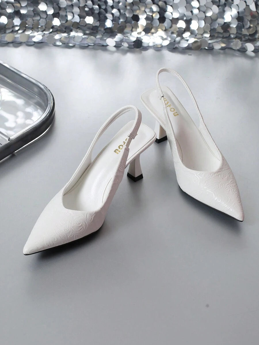 Pumps Thin Heels Textured Low Vamp Pointed Sandals - White