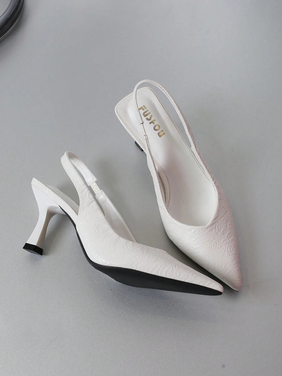 Pumps Thin Heels Textured Low Vamp Pointed Sandals - White