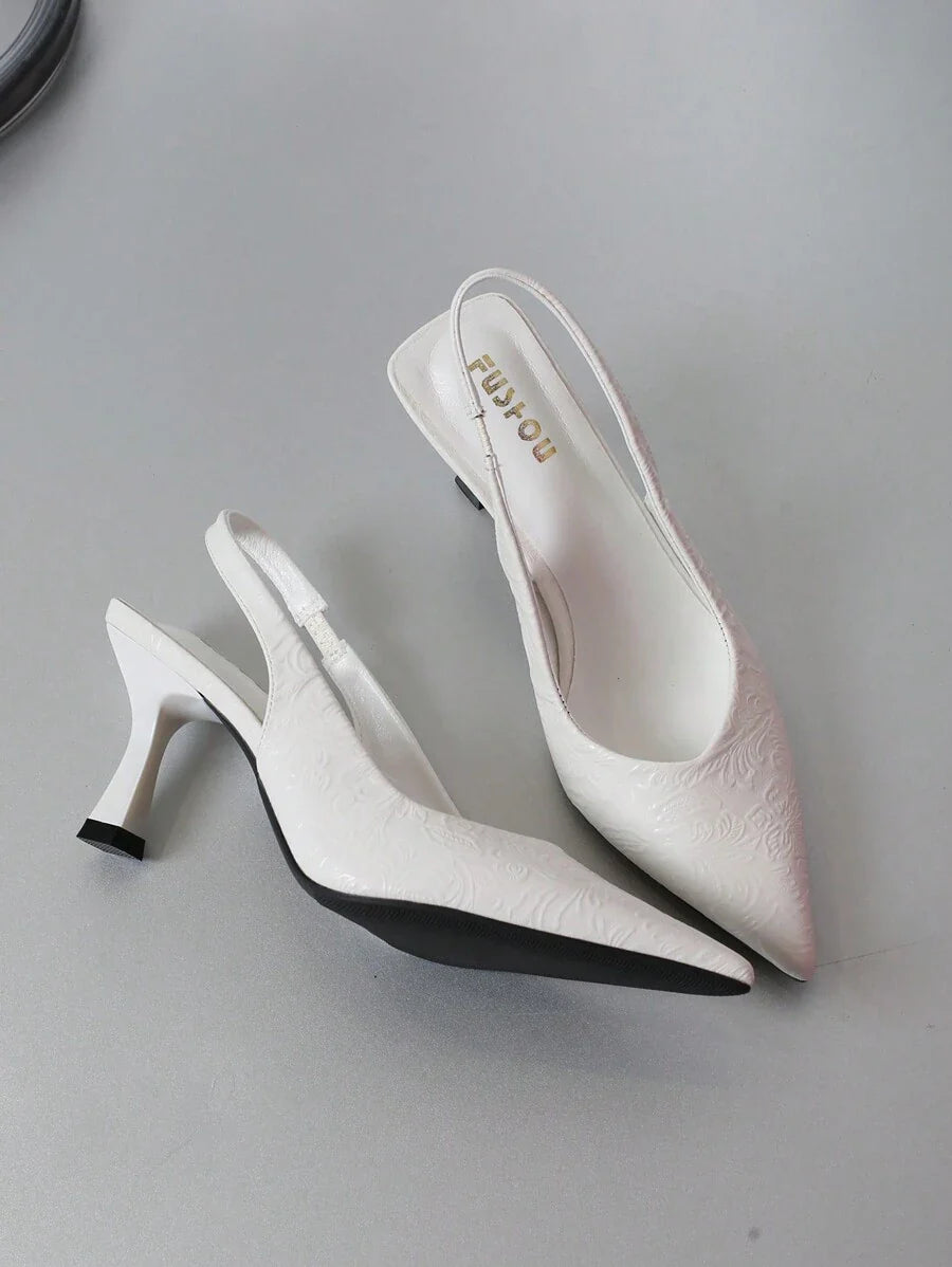 Pumps Thin Heels Textured Low Vamp Pointed Sandals - White