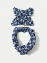 Frayed Denim Plaid Scrunchie Set