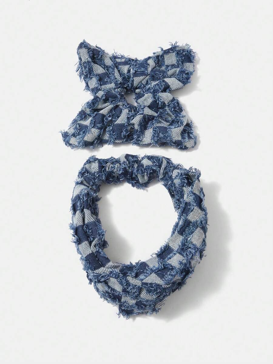 Frayed Denim Plaid Scrunchie Set