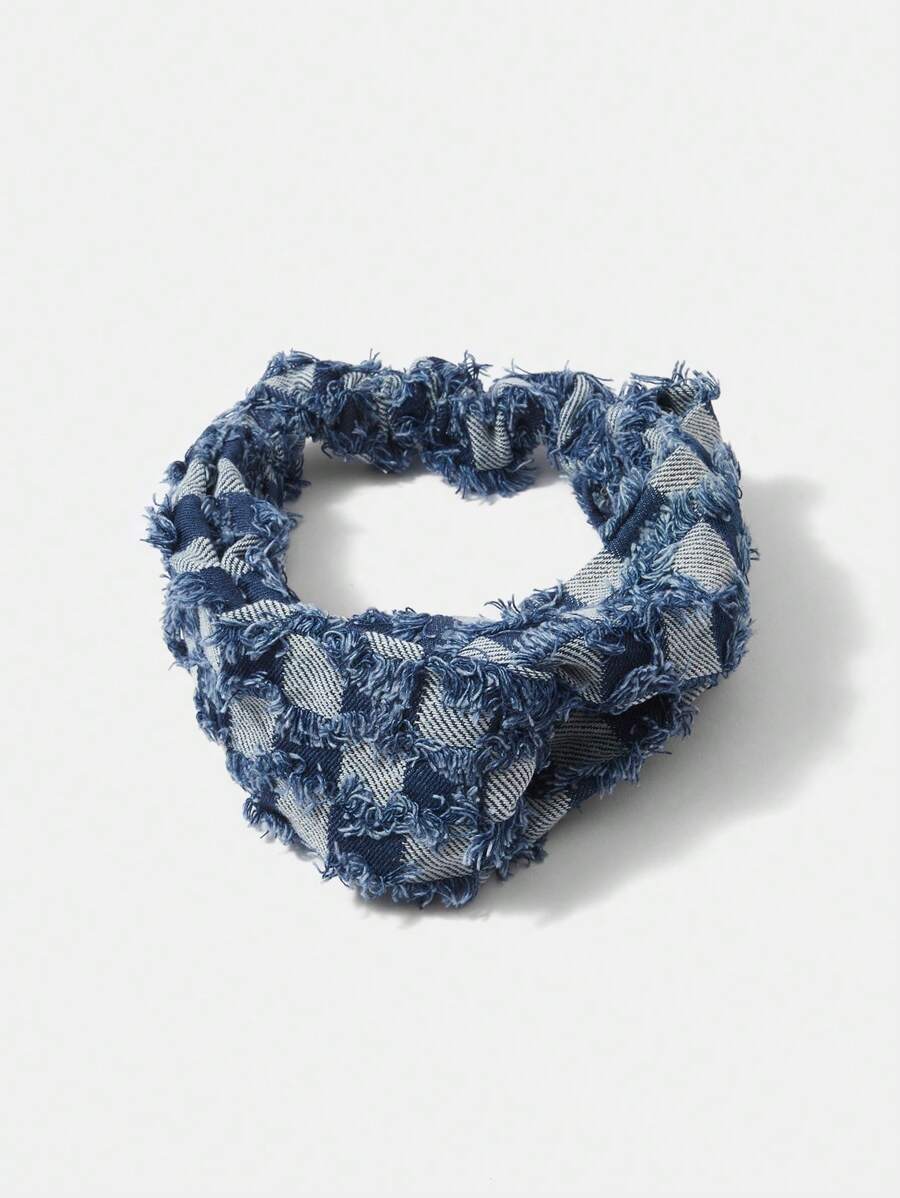 Frayed Denim Plaid Scrunchie Set