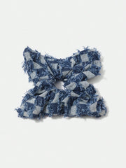 Frayed Denim Plaid Scrunchie Set