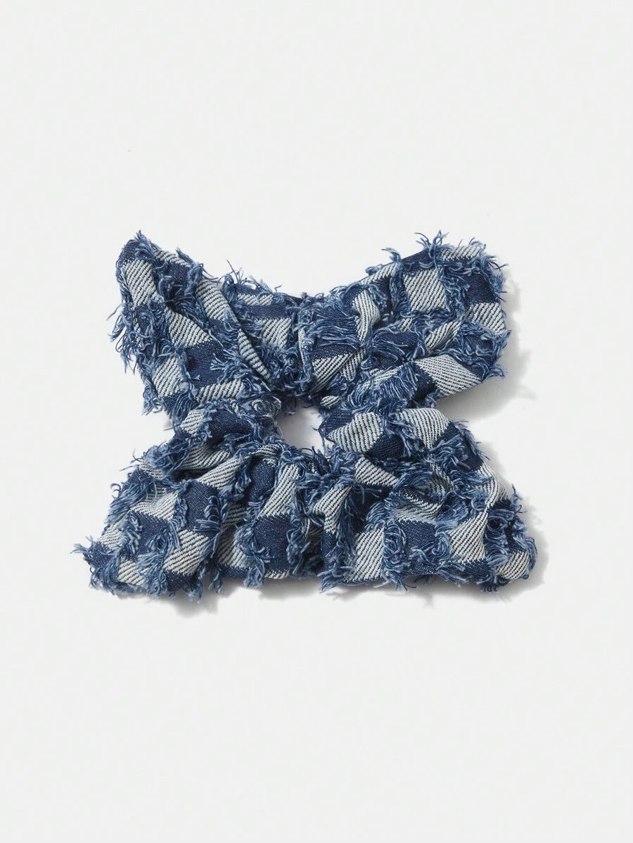 Frayed Denim Plaid Scrunchie Set