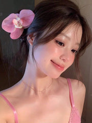 1pc Bohemian Butterfly Orchid Faux Pearl Flower Hair Clip - Light Pink