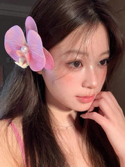 1pc Bohemian Butterfly Orchid Faux Pearl Flower Hair Clip - Light Pink