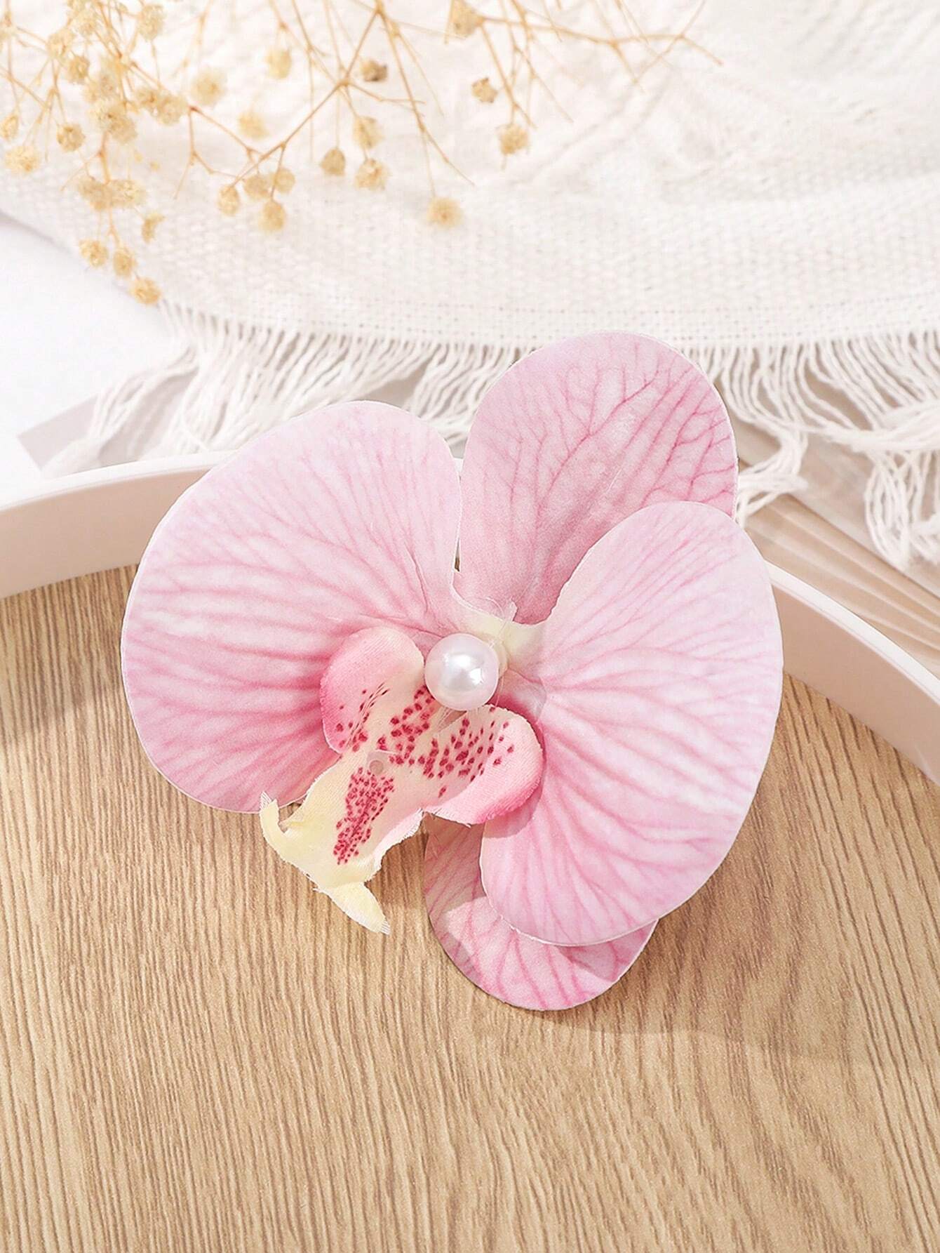 1pc Bohemian Butterfly Orchid Faux Pearl Flower Hair Clip - Light Pink