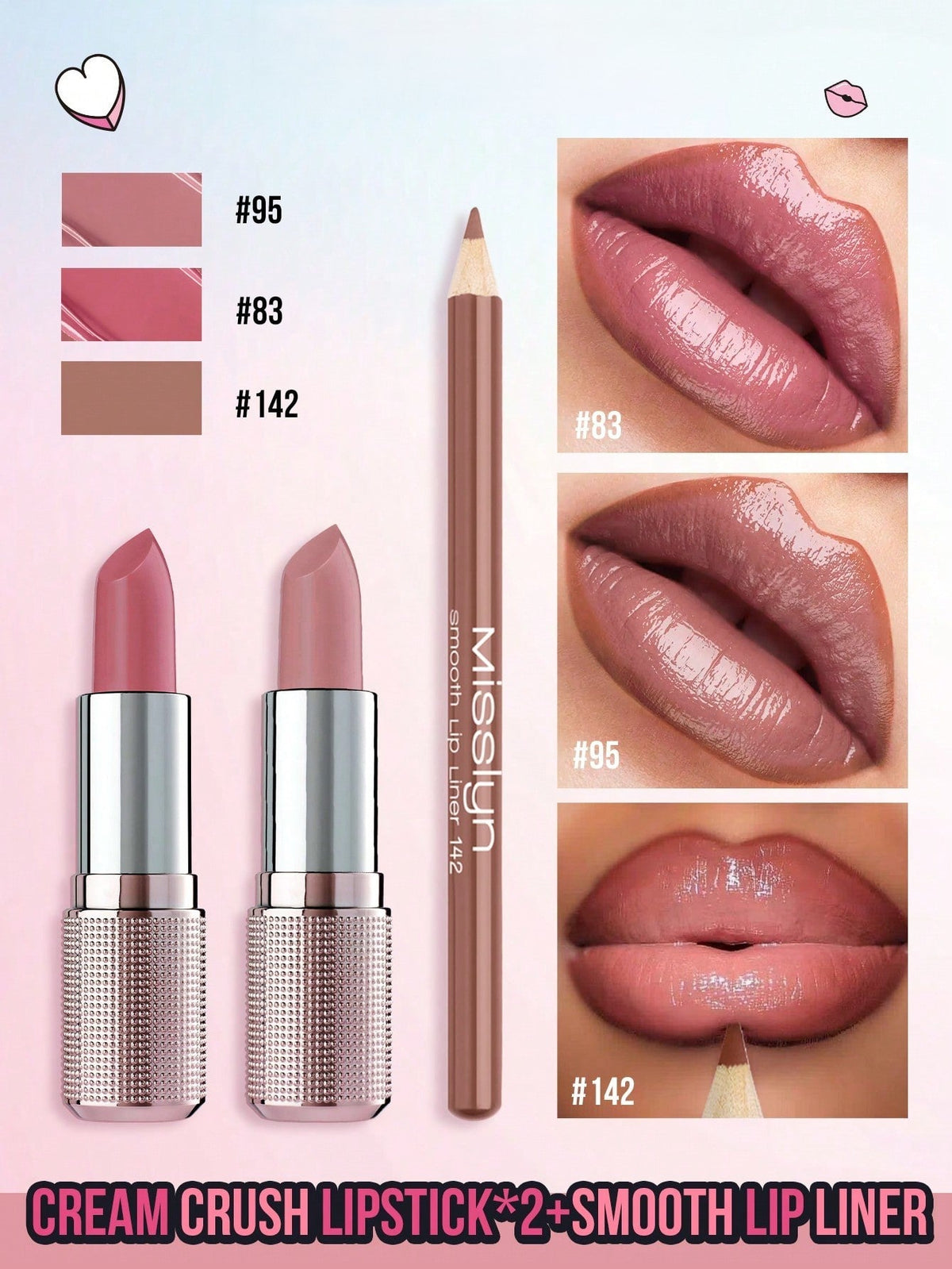 3Pcs Crush Lipstick & Smooth Lip Line Ultra Lip Combo