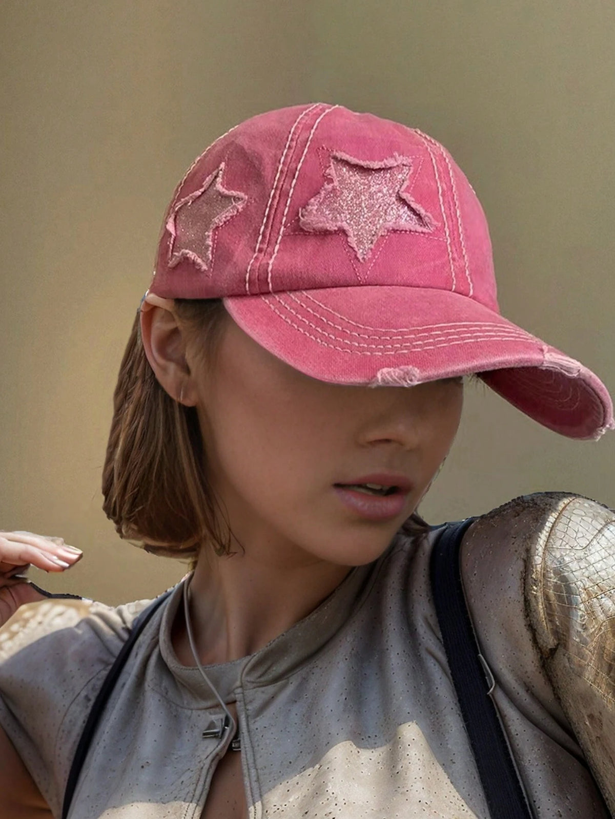 Sequin Star Distressed Baseball Cap - Pink