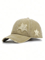 Sequin Star Distressed Baseball Cap - Khaki